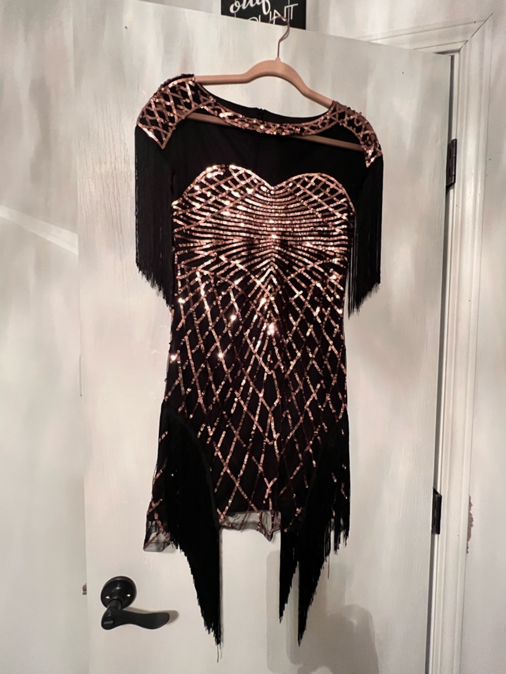 Black & Rose Gold Sequin Fringe Evening Dress